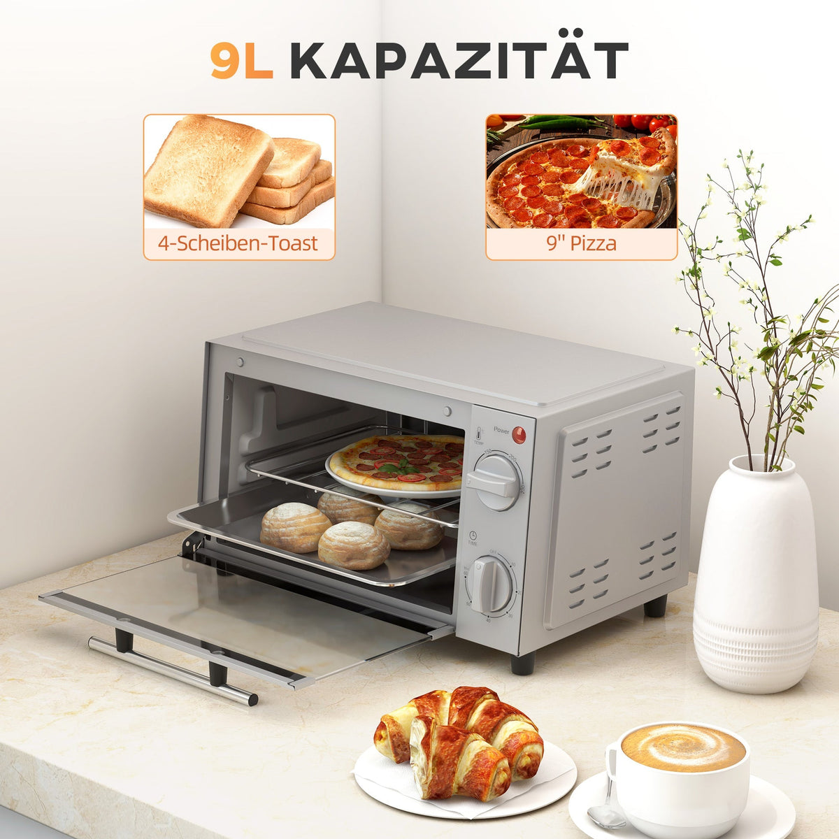 Mini Oven 9L, Baking Tray, Grill Rack, 100-230°C, 60-Min Timer, 750W, Stainless Steel, Silver