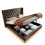 Upholstered Hydraulic Storage Bed with USB Type-C and 3-Sided LED, 180x200cm, Black PU