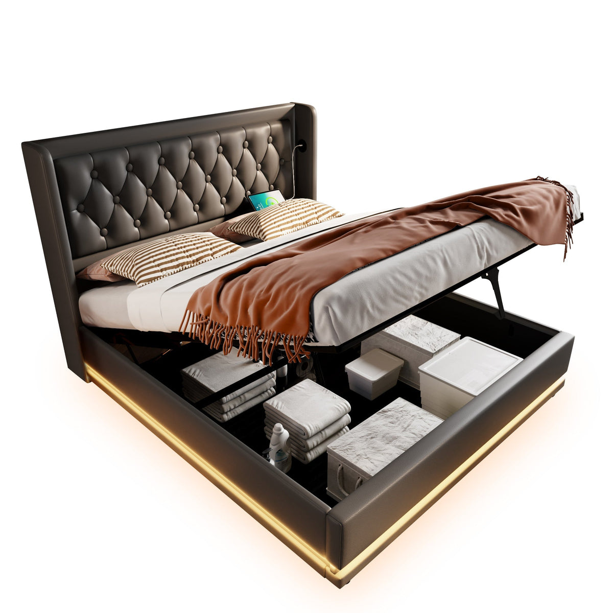 Upholstered Hydraulic Storage Bed with USB Type-C and 3-Sided LED, 180x200cm, Black PU