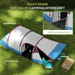 Camping Tent, 3 Person Tunnel, Light Hook & 2 Rooms, Red