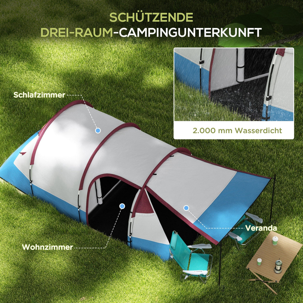 Camping Tent, 3 Person Tunnel, Light Hook & 2 Rooms, Red