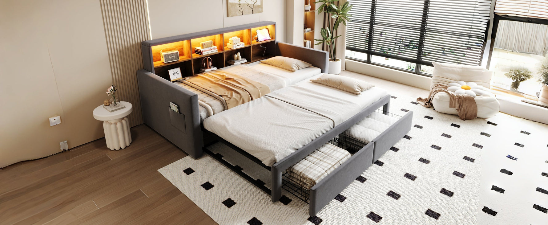 Extendable Upholstered Sofa Bed with Storage Headboard, LED Lights and Charging Ports, Dark Grey Velvet