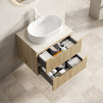 Floating Bathroom Vanity Unit with Oval Sink and Sintered Stone Top, White Oak Wood Grain