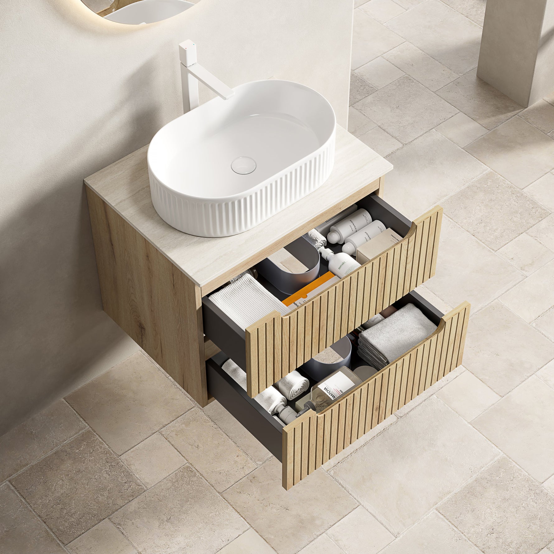 Floating Bathroom Vanity Unit with Oval Sink and Sintered Stone Top, White Oak Wood Grain