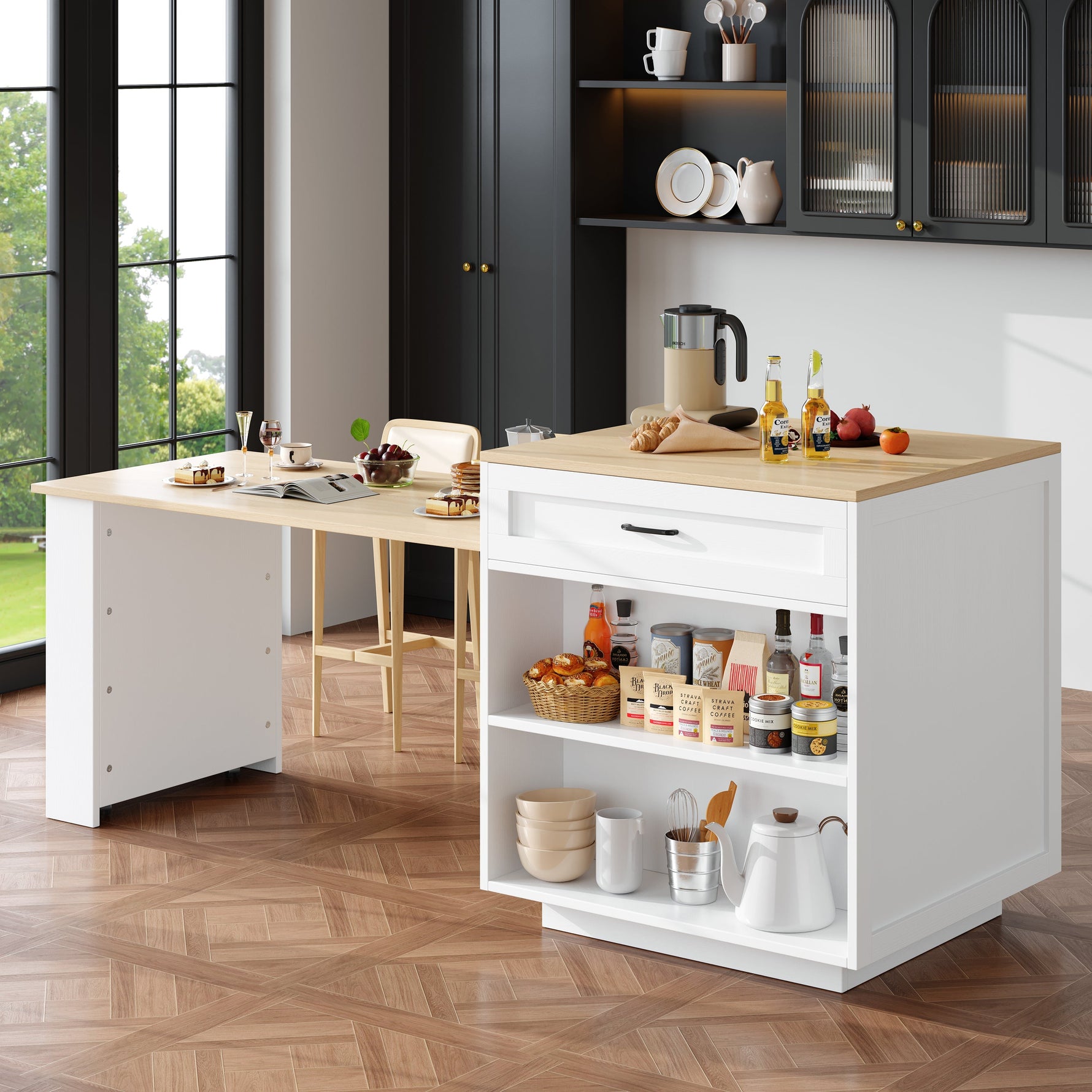 Extendable Bar Table Storage Drawers Shelves Kitchen Island - White