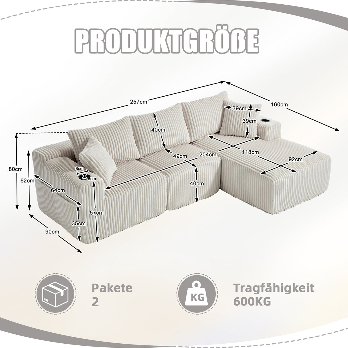 Modular Sofa Set Chaise & 2-Seater, DIY Combination, Corduroy Fabric