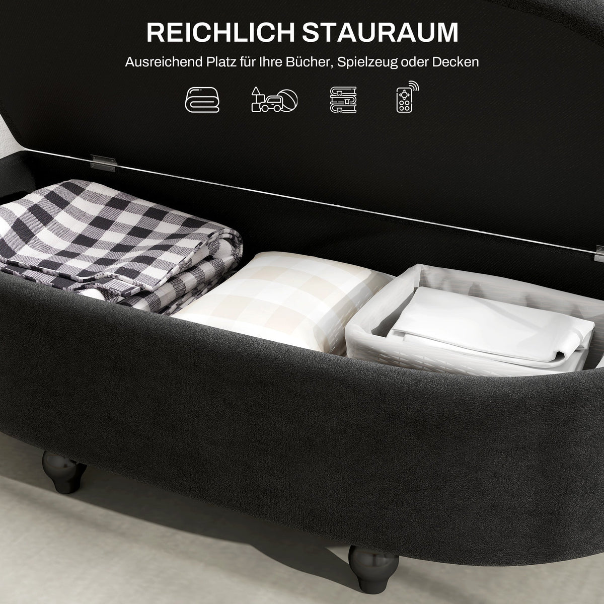 Storage Bench with Open Lid Upholstered 120x46x42cm, Dark Grey Velvet-Touch