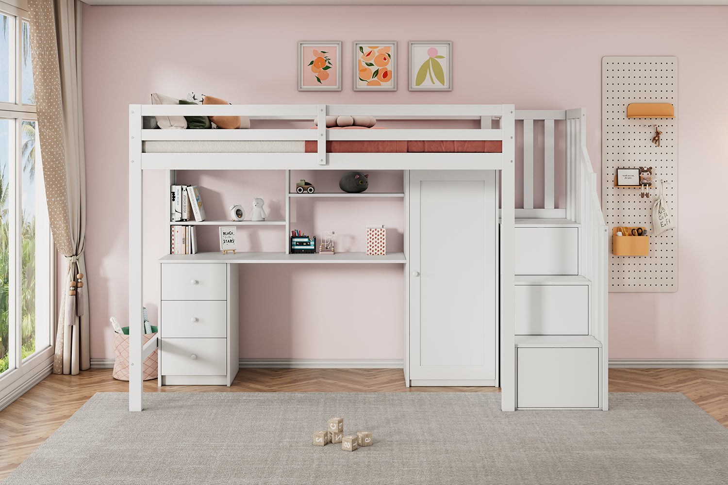Bunk Bed 90x200cm with Desk, Wardrobe, Stair Storage - White