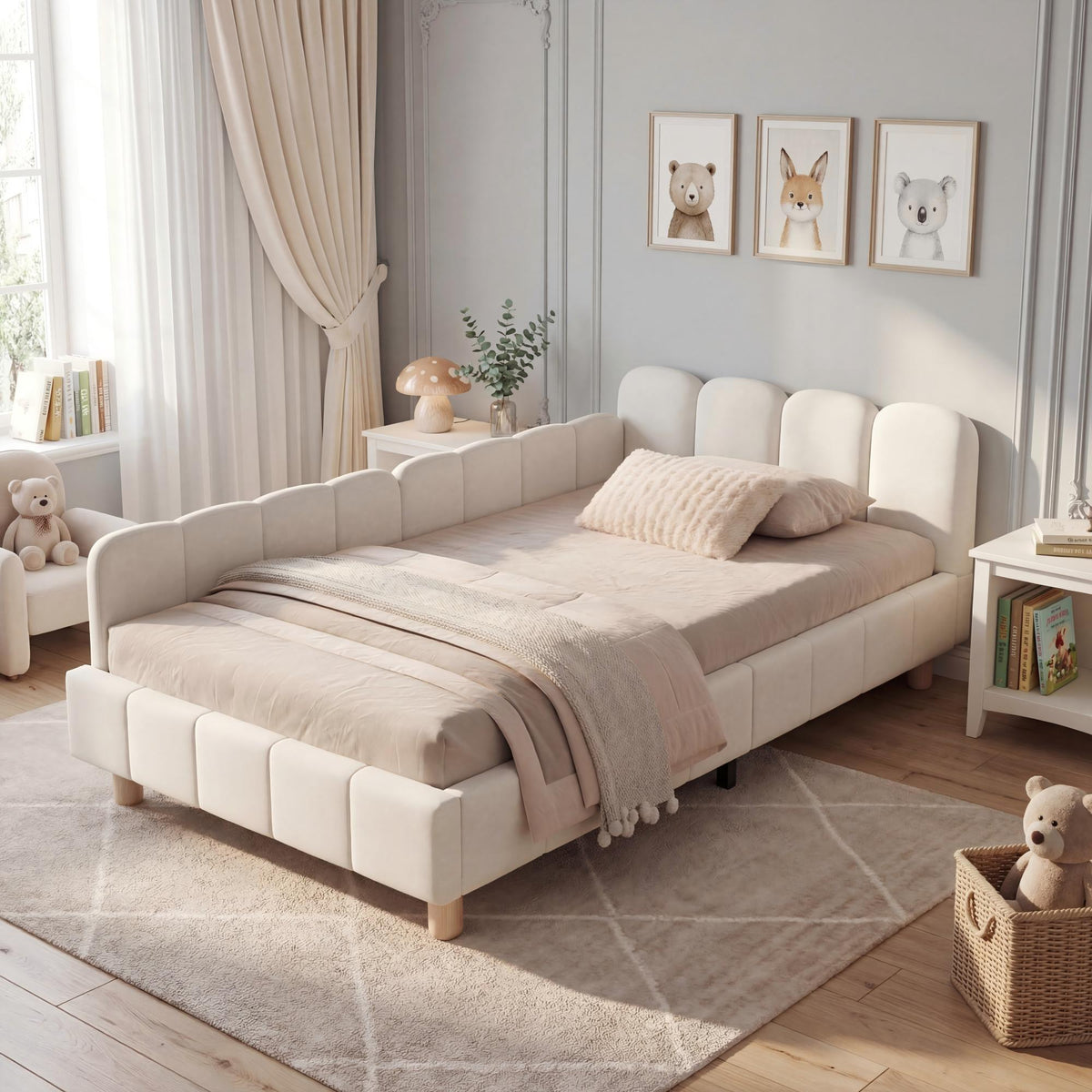Upholstered Children's Single Bed with Headboard and Safety Rail, 90x200cm, Beige Velvet