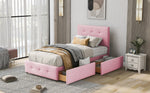Upholstered Bed 90x200cm, Slatted Frame, Backrest & 2 Drawers, Pink Velvet
