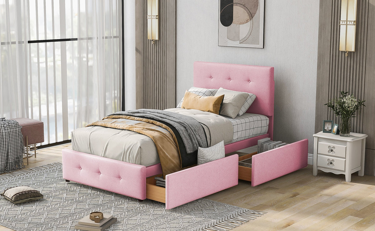 Upholstered Bed 90x200cm, Slatted Frame, Backrest & 2 Drawers, Pink Velvet