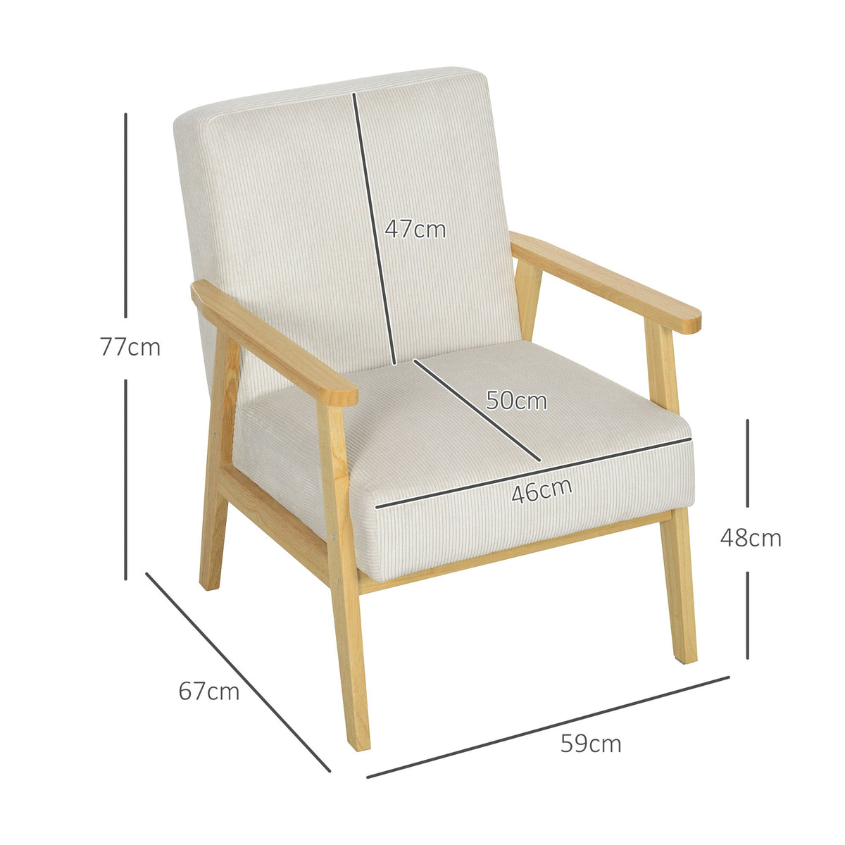 Armchair Lounge Chair, Wooden Legs, Upholstered, Cream White
