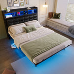 Double Bed 140x190cm with 2 Pull-out Nightstands Storage USB/Type-C LED Grey