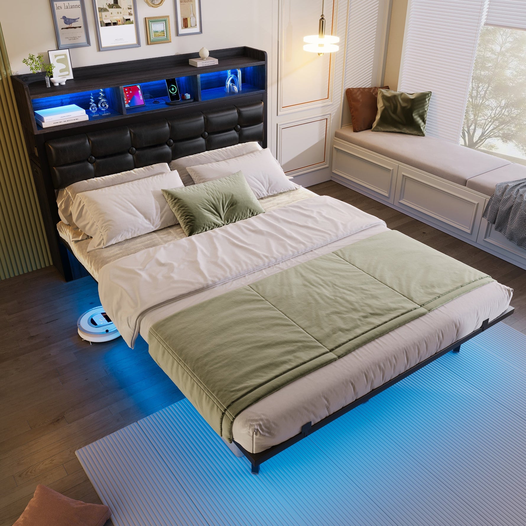 Double Bed 140x190cm with 2 Pull-out Nightstands Storage USB/Type-C LED Grey
