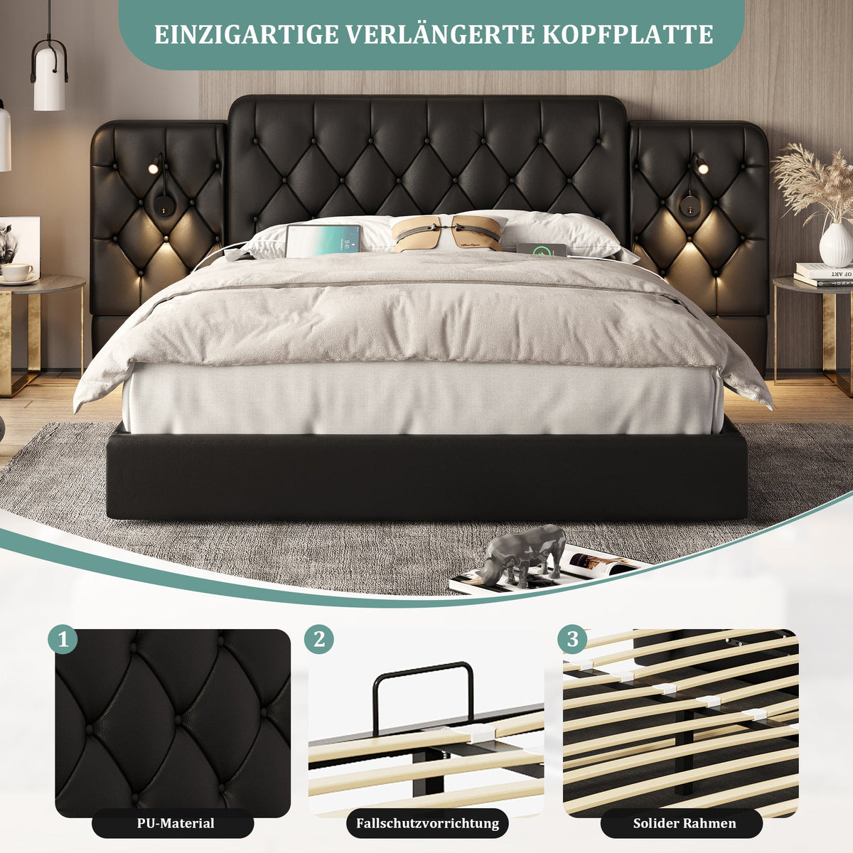 Bed Frame 160x200cm Hydraulic Storage USB Desk Lamp Velvet, Black