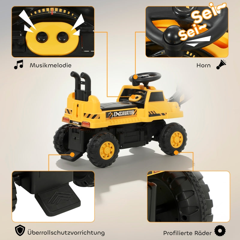 Ride-on Excavator with Shovel, Steering Wheel and Backrest for Kids, Yellow