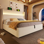 Modern Hydraulic Double Bed 180x200cm LED Storage - Beige Linen