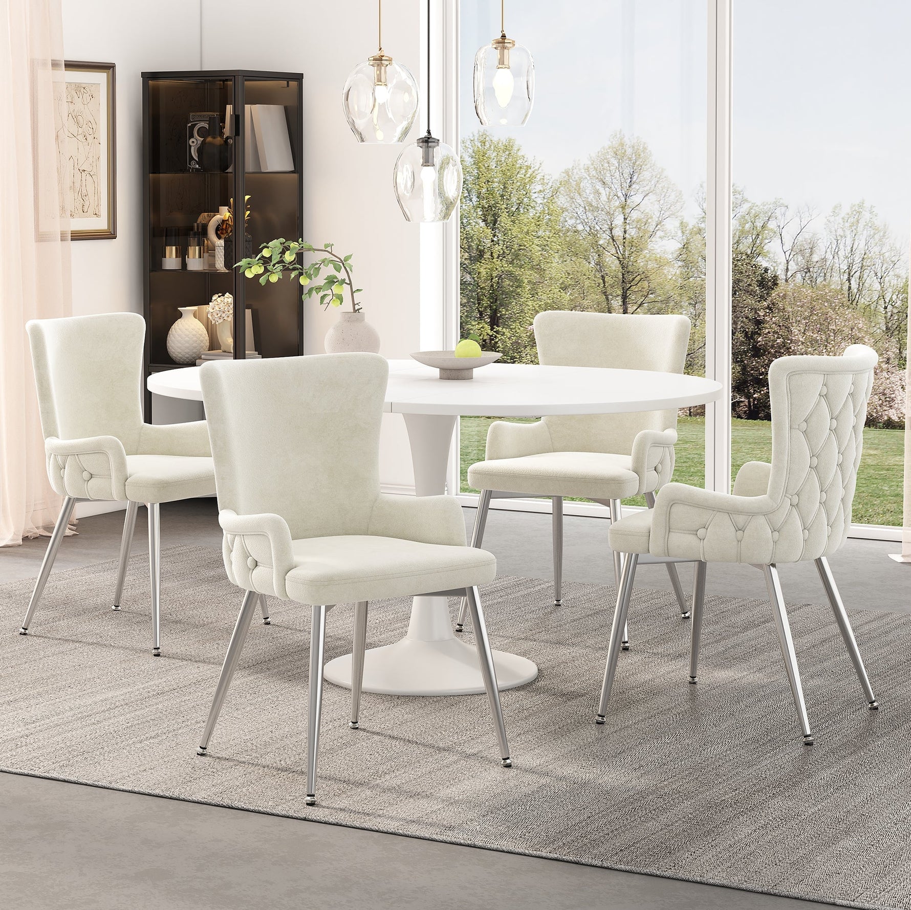 Dining Chair, Set of 4, Luxurious Lounge Chair with Silver Metal Legs, Beige Velvet