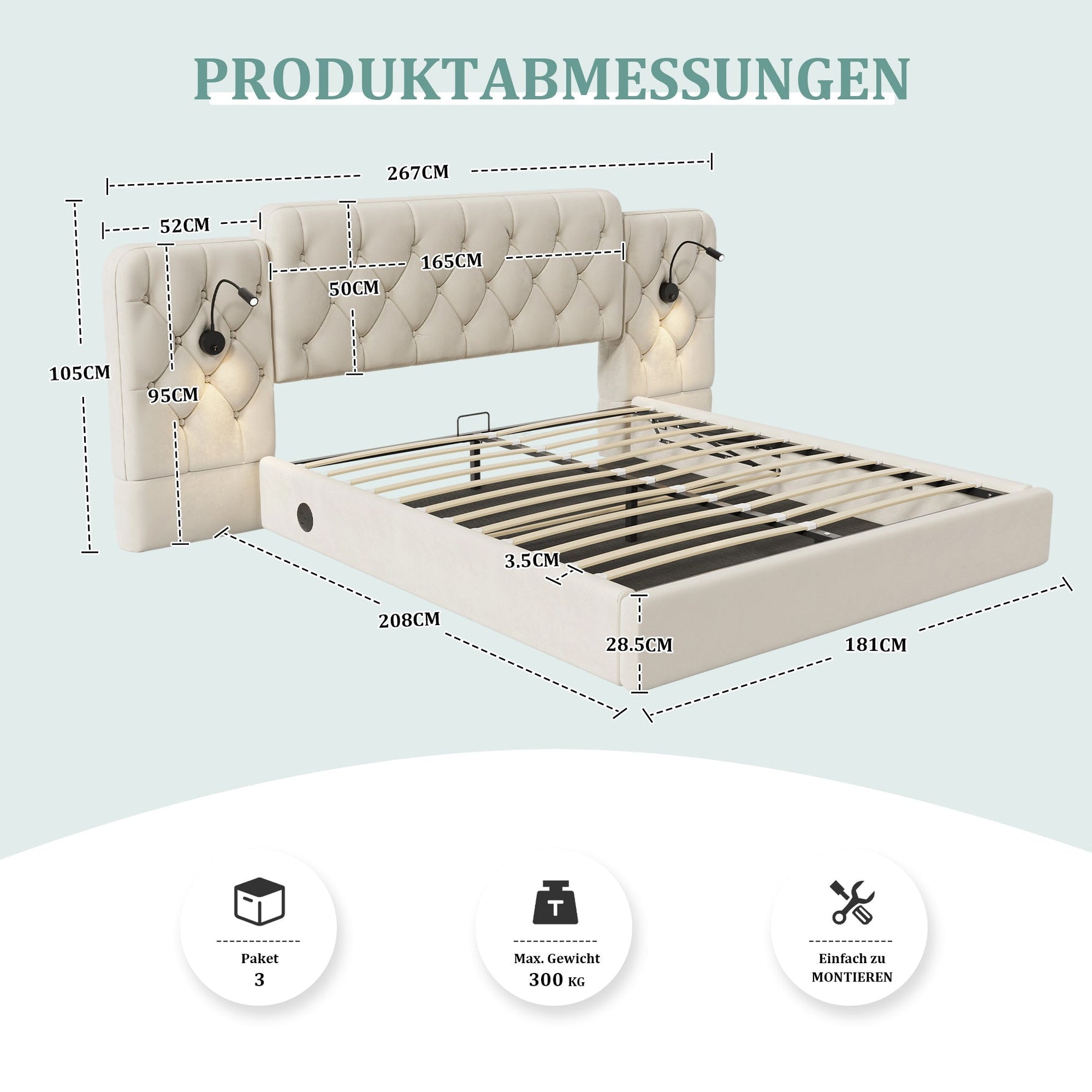 Bed Frame 160x200cm Hydraulic Storage Long Headboard USB Desk Lamp - Velvet Beige