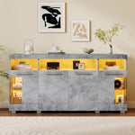 Sideboard Cabinet High-Gloss LED Light Tempered Glass 3 Compartments, Cement-colored