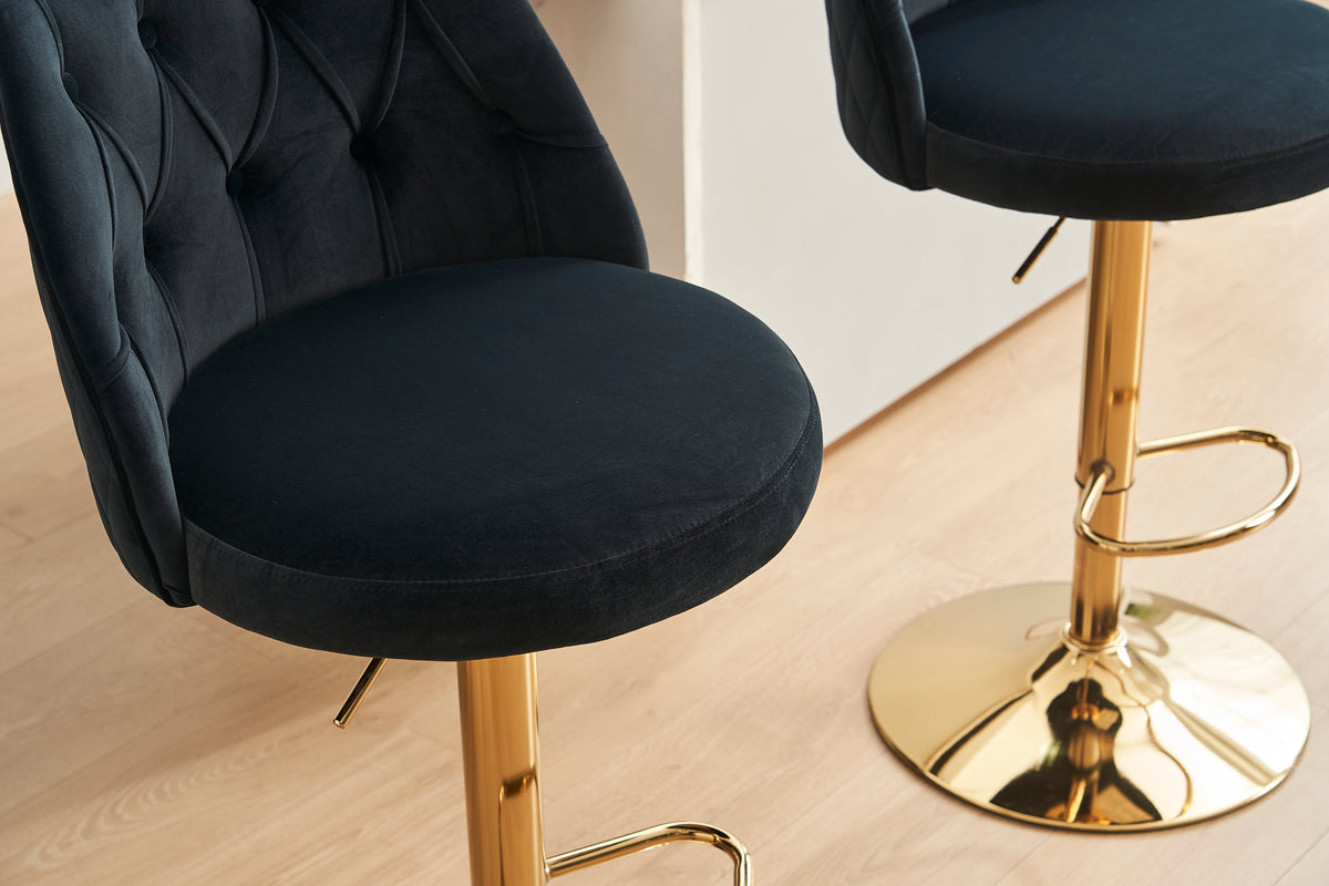 Velvet Bar Stool Adjustable Height Swivel Tufted Backrest Footrest Set of 2 - Black