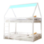House-Shaped Bunk Bed with Fence and LED Light, 140x200cm, White