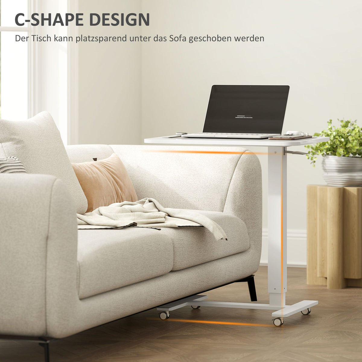C-Shaped Sit-Stand Desk, Height-Adjustable with Wheels, White