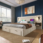 Bedroom Set, Upholstered Double Bed with 2 Nightstands & 4 Drawers, USB Reading Light, Beige Velvet