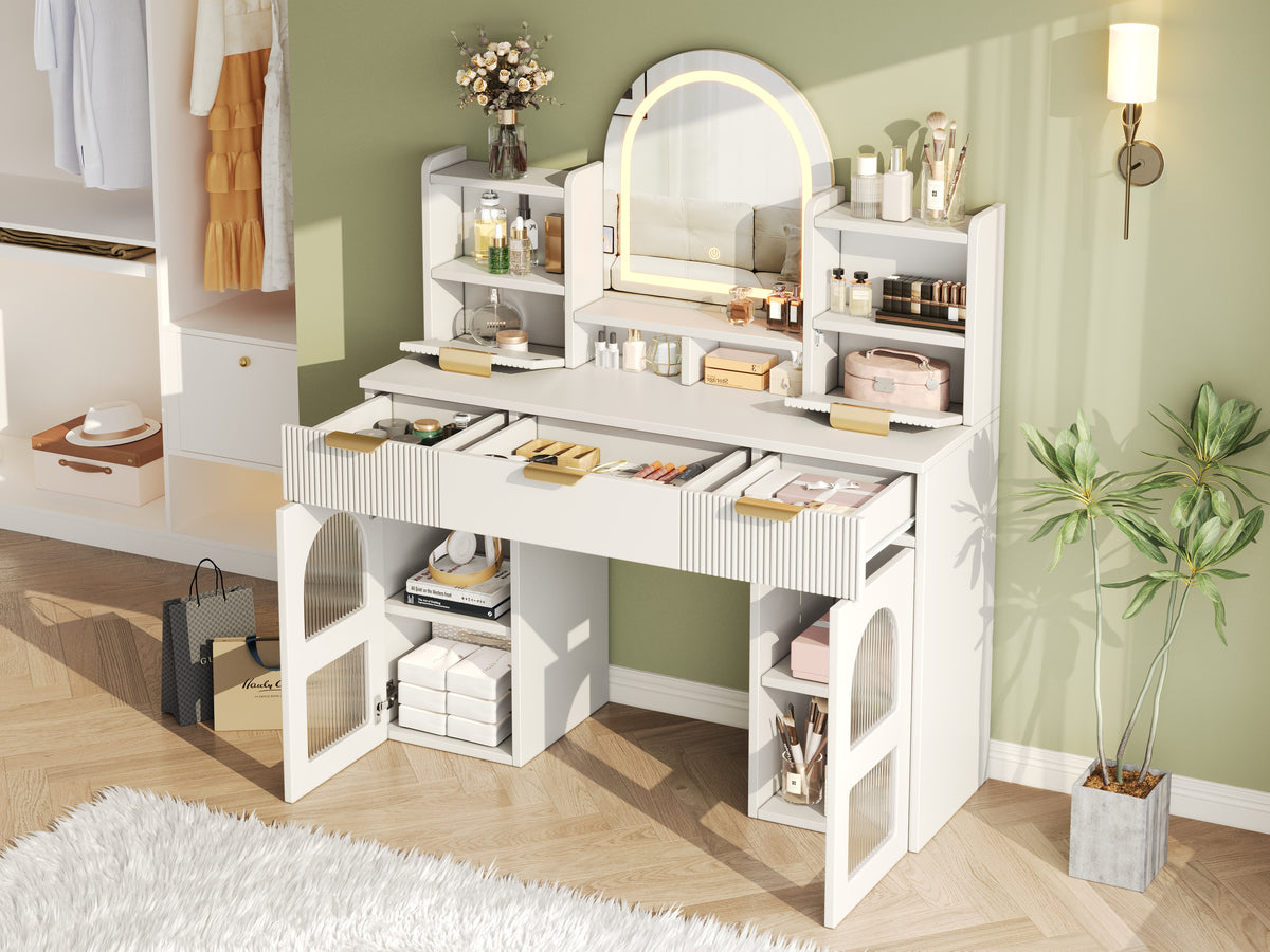 Large Dressing Table with LED Mirror, 3 Drawers & Shelves, White
