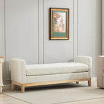 Elegant Upholstered Bench, Daybed Ottoman with Wood Legs and 2 Bolster Pillows, Ivory Boucle