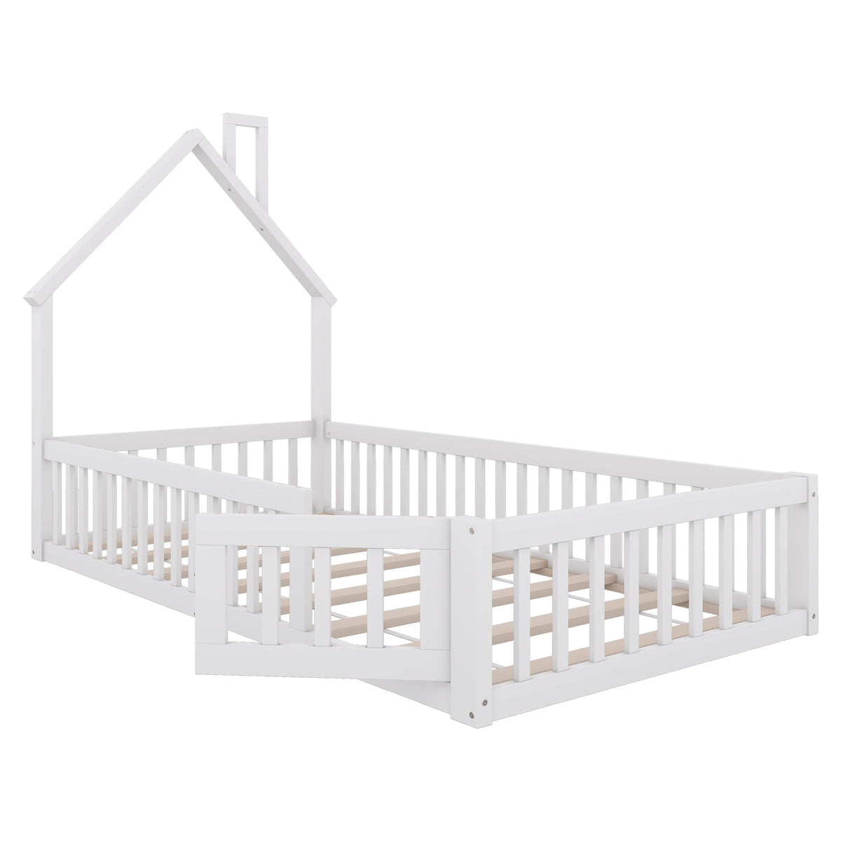 House Bed 90x200cm Chimney Slatted Base - White Pine Wood