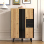 Sideboard, Display Cabinet with Glass and LED Lighting, Black and Wood