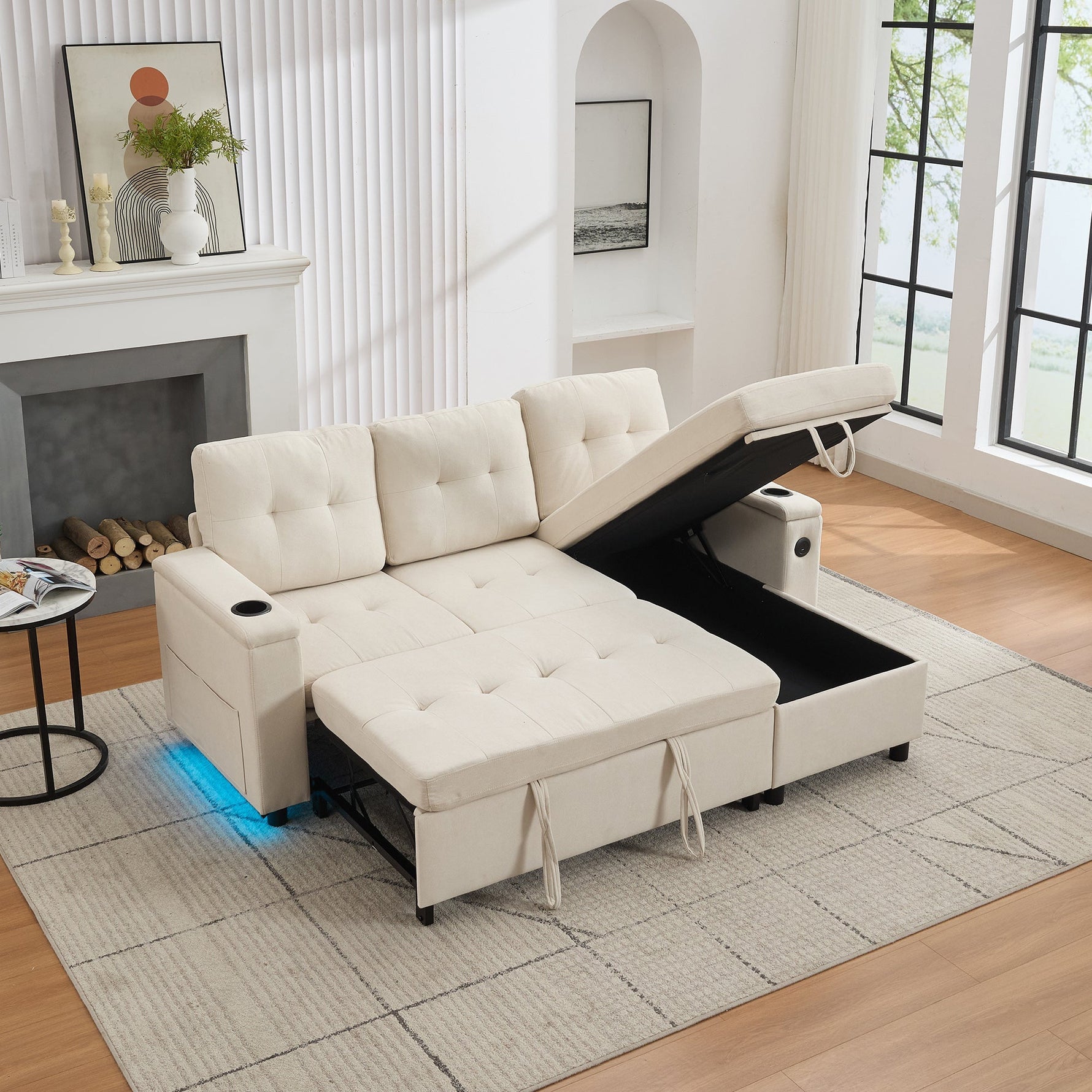 Treviso L-Shaped Sofa Bed 3-Seater Fold-Out Hidden Storage LED Strip Beige