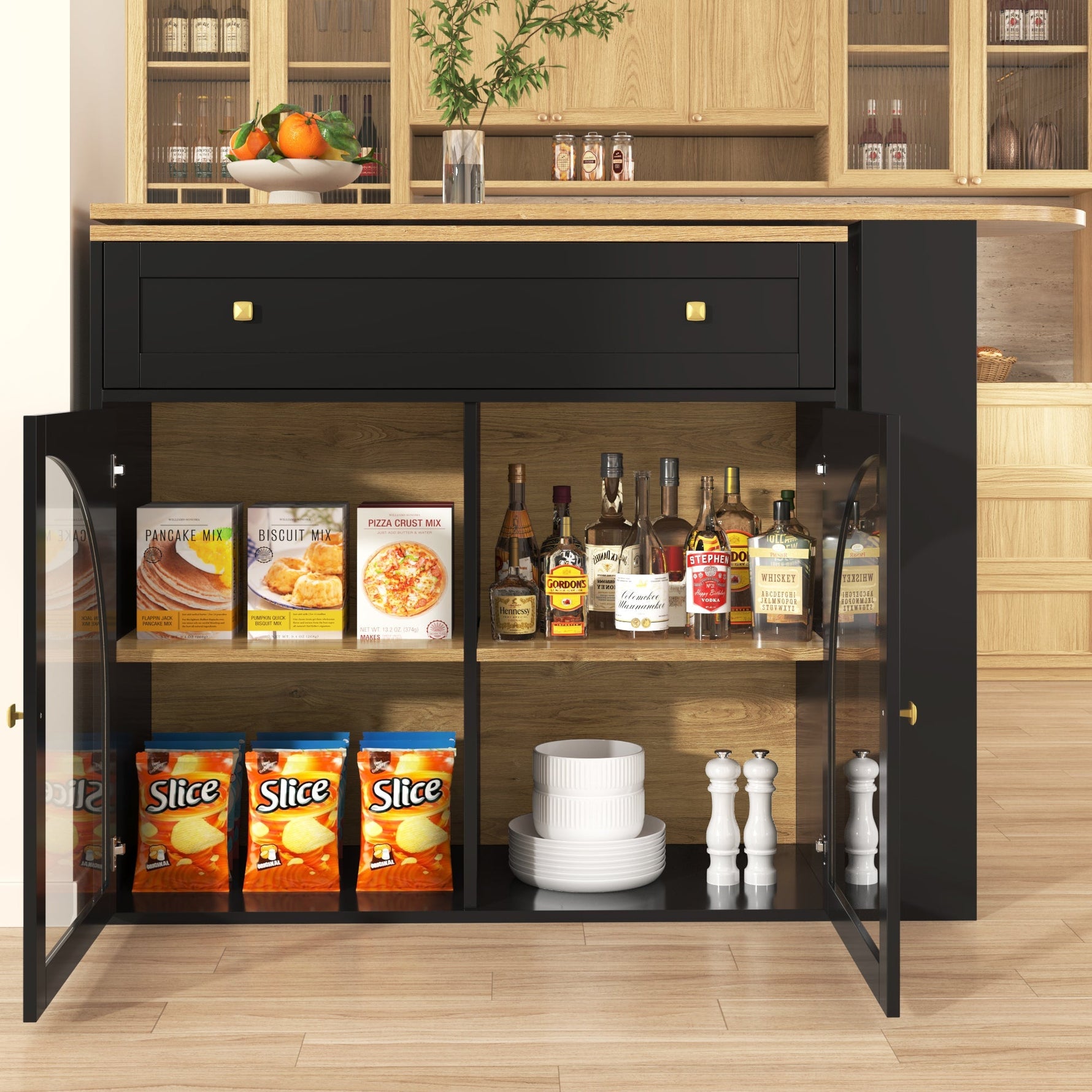 Extendable Bar Table 360° Rotating Storage Shelves Glass - Black