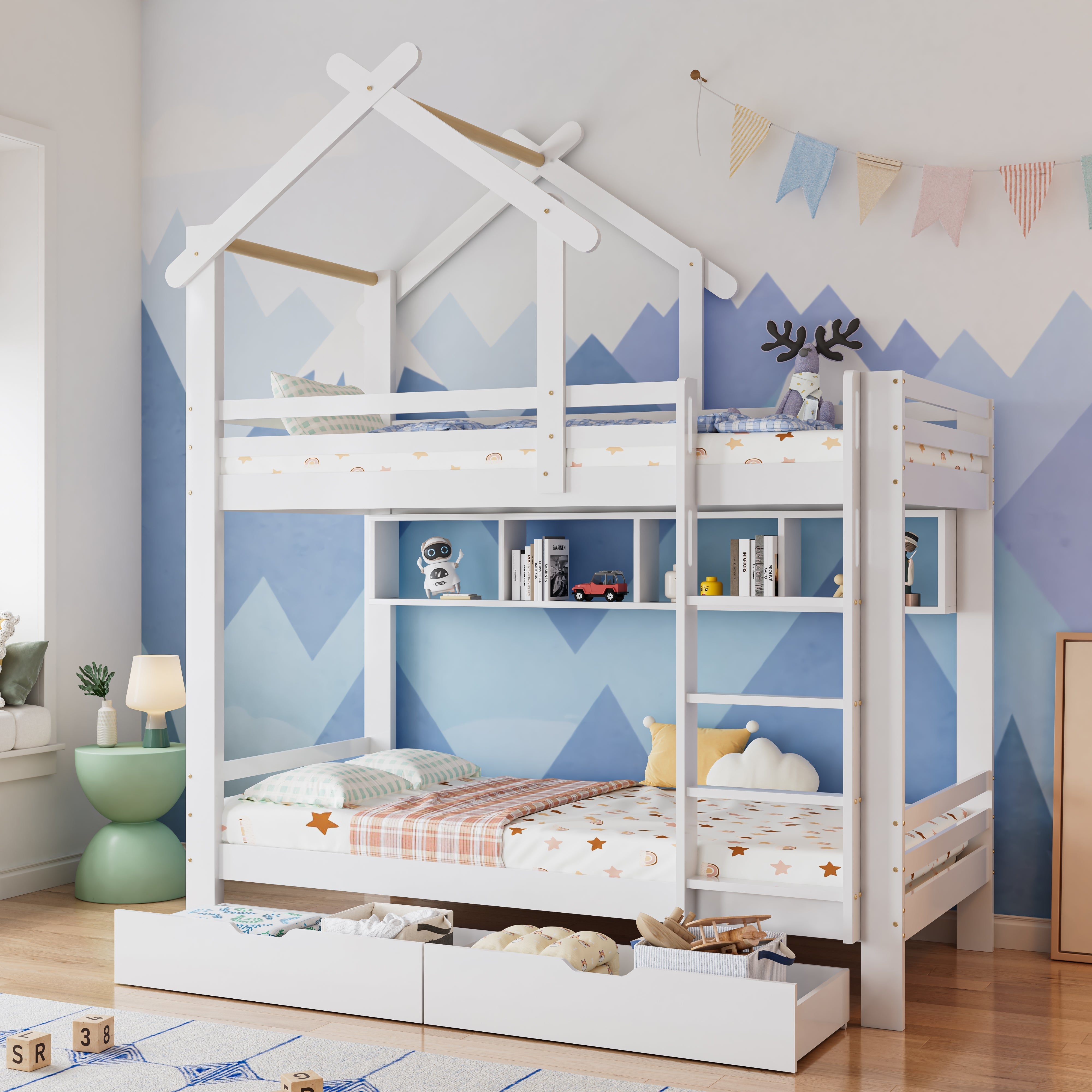 Bunk Bed with Drawers, Shelves & Ladder, Pinewood Frame, White