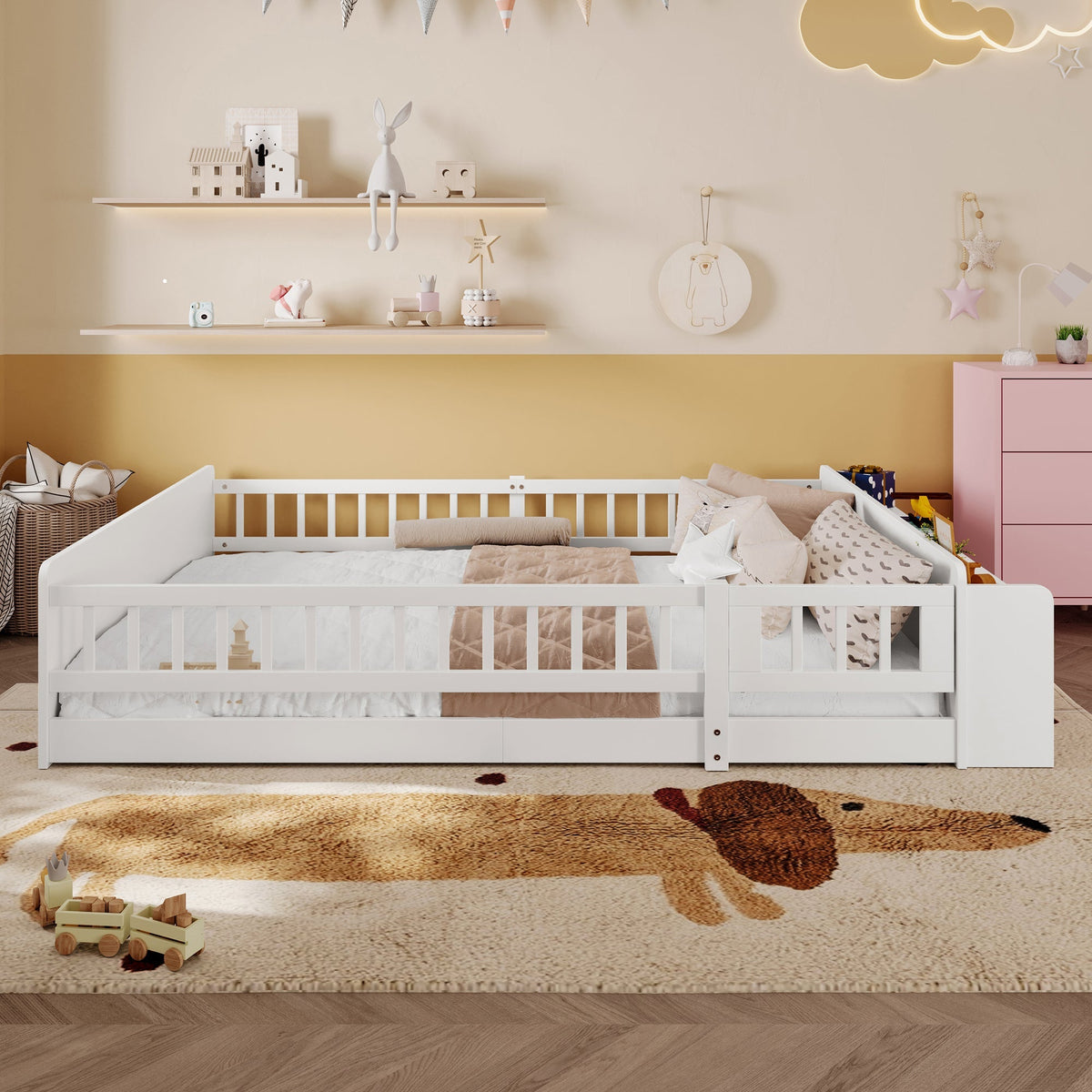 Wooden Children's Bed 140x200cm Open Storage Shelves Pine Wood - White
