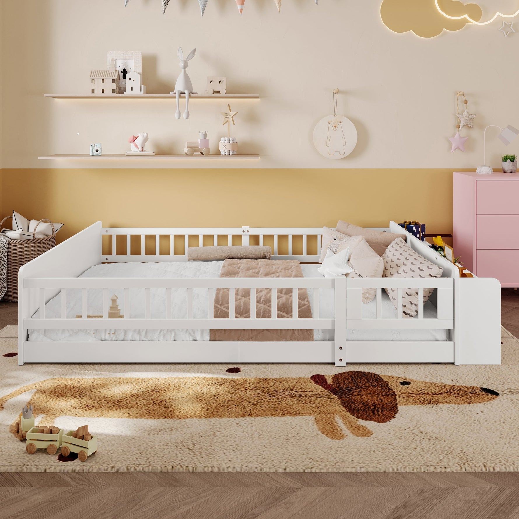 Children's Wooden Bed 140x190cm Open Storage Shelves Opening Case - Pine White