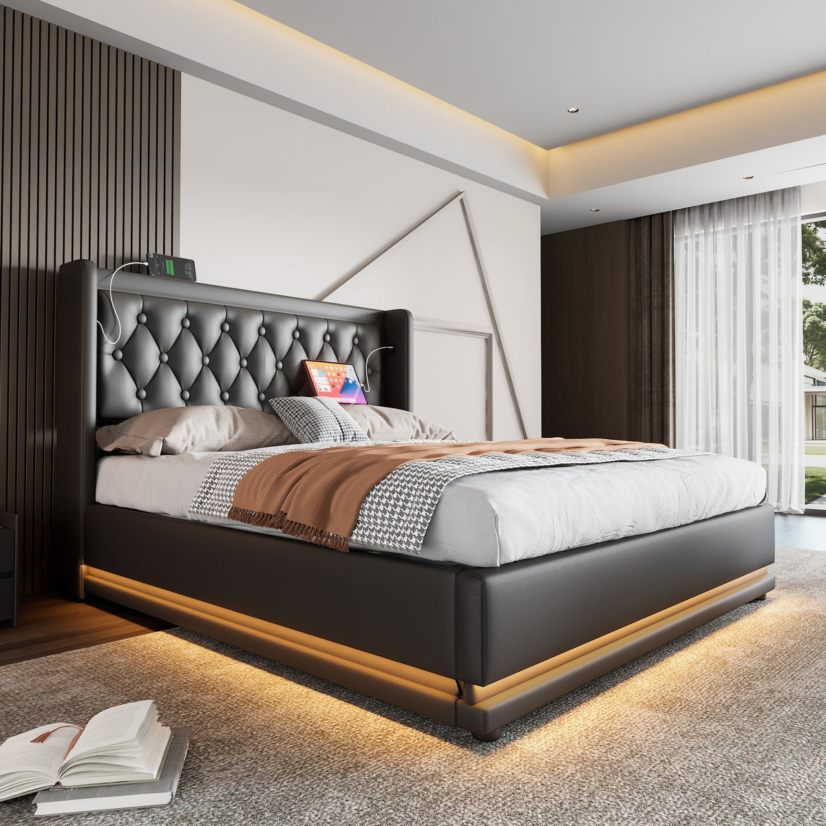 Upholstered Double Bed, 140x200cm Hydraulic Storage with USB Type-C Charging & 3-Sided LED, Black PU