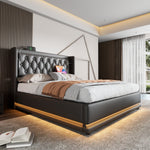 Upholstered Double Bed 160x200cm, Hydraulic Storage & USB Charging, Black PU Leather