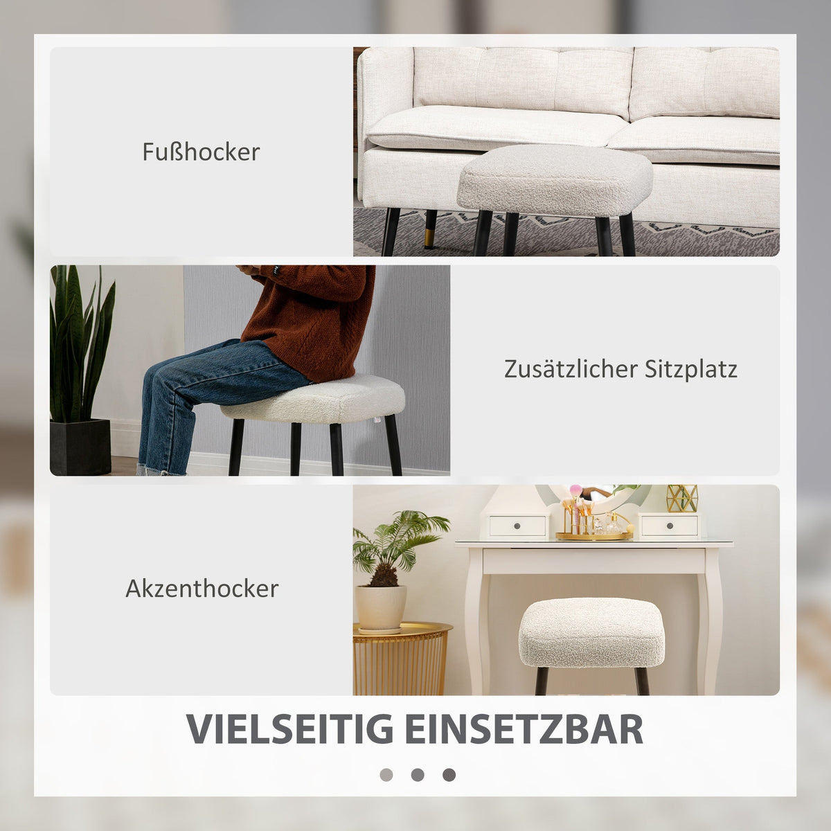 Square Footstool/Stool, Footrest Steel Legs, Cashmere Look Light Grey