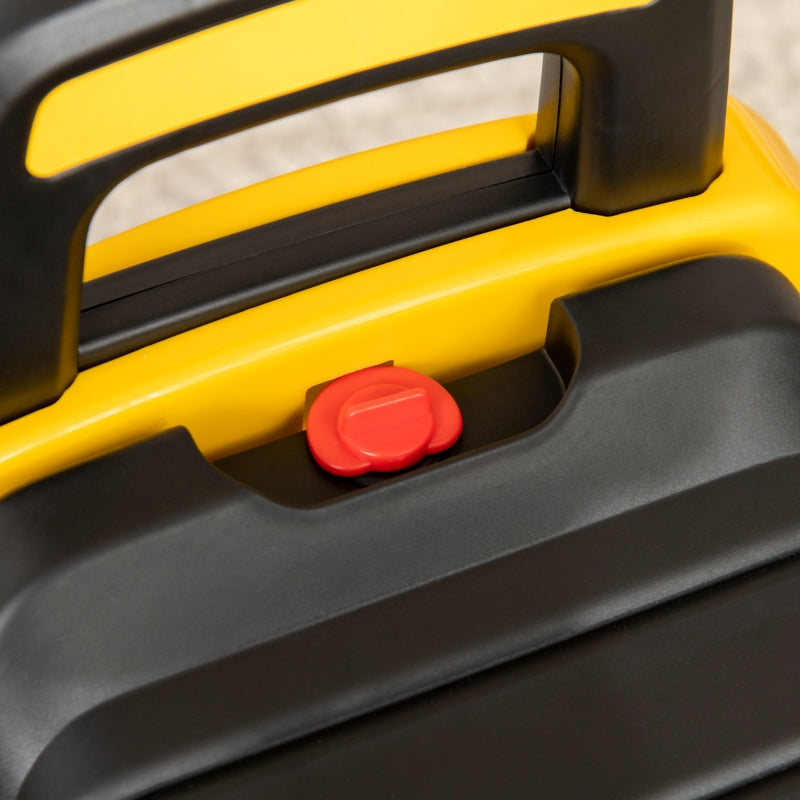 Children's excavator ride-on with operable shovel, anti-tip device, non-slip wheels, yellow and black