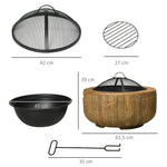 Fire Bowl Fire Pit, Lid & Poker, Tree Stump Design, Steel MgO Brown