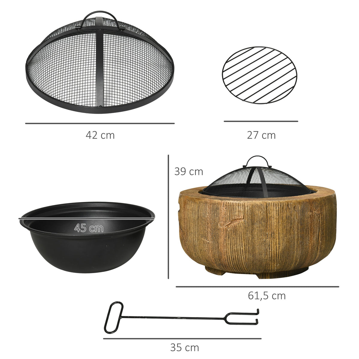 Fire Bowl Fire Pit, Lid & Poker, Tree Stump Design, Steel MgO Brown