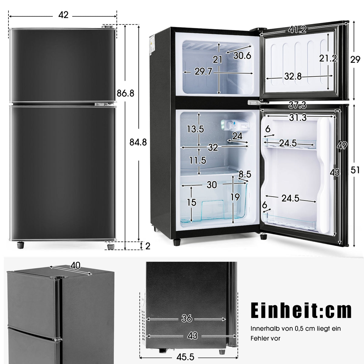 Fridge-freezer Double Door 60L Total Capacity, 86.8cm High, Premium Black