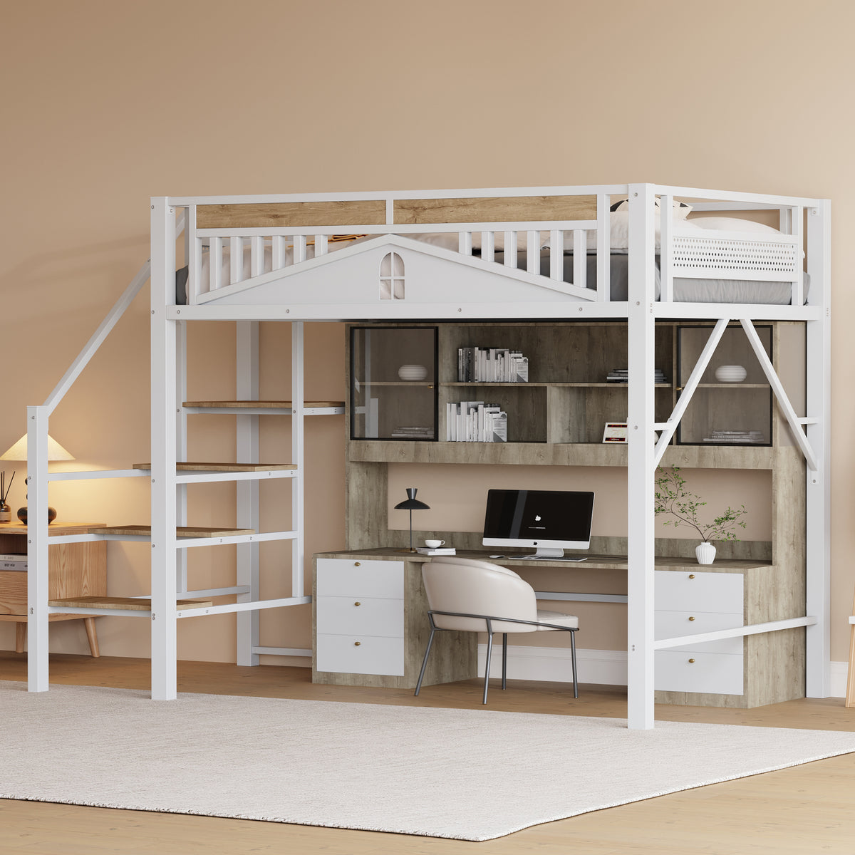 Metal Loft Bed 140x200cm with Ladder & Underbed Storage, White