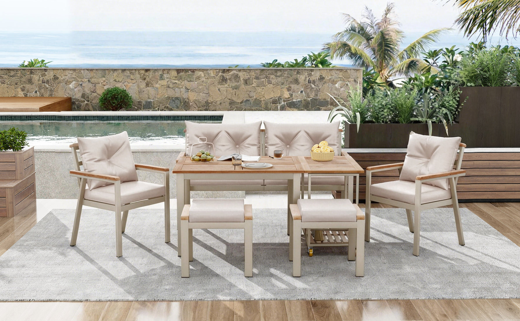 Garden Dining Table and Chair Set, 6-7 Seater with Armchairs and Removable Trolley, Acacia Wood