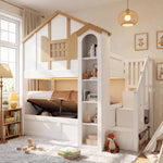 Bunk Bed with Hydraulic Lift & Storage Stairs, Solid Wood White