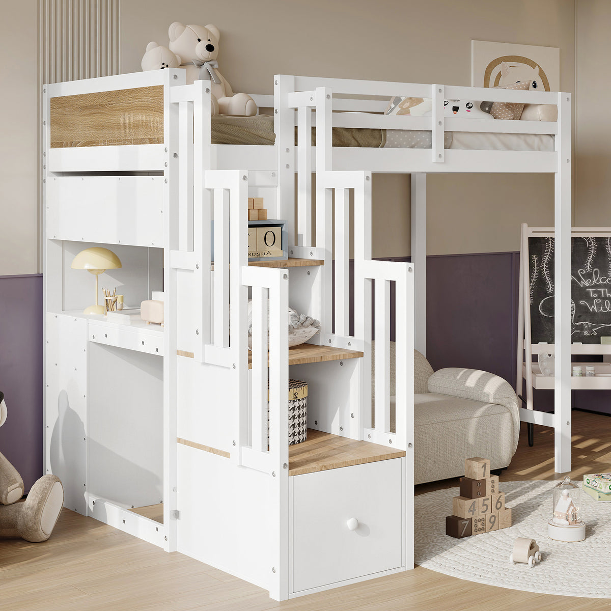 Wooden Mid-Sleeper Bed 90x200cm with Desk & Drawers, White & Natural