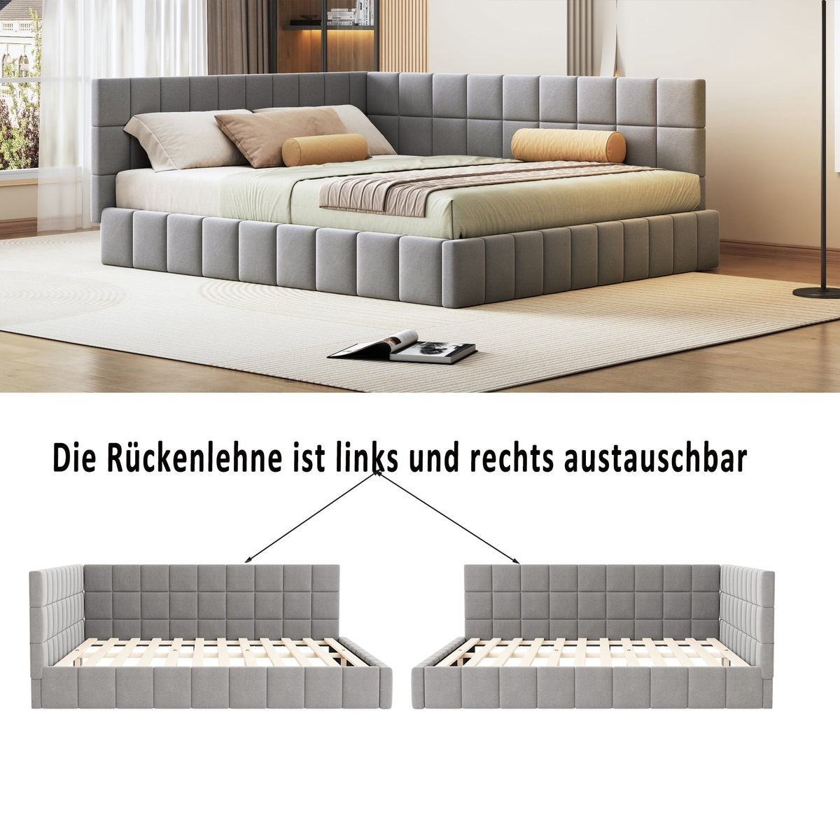 Upholstered Bed Sofa, 160*200 Multifunctional with Slatted Frame, Velvet Fabric Gray