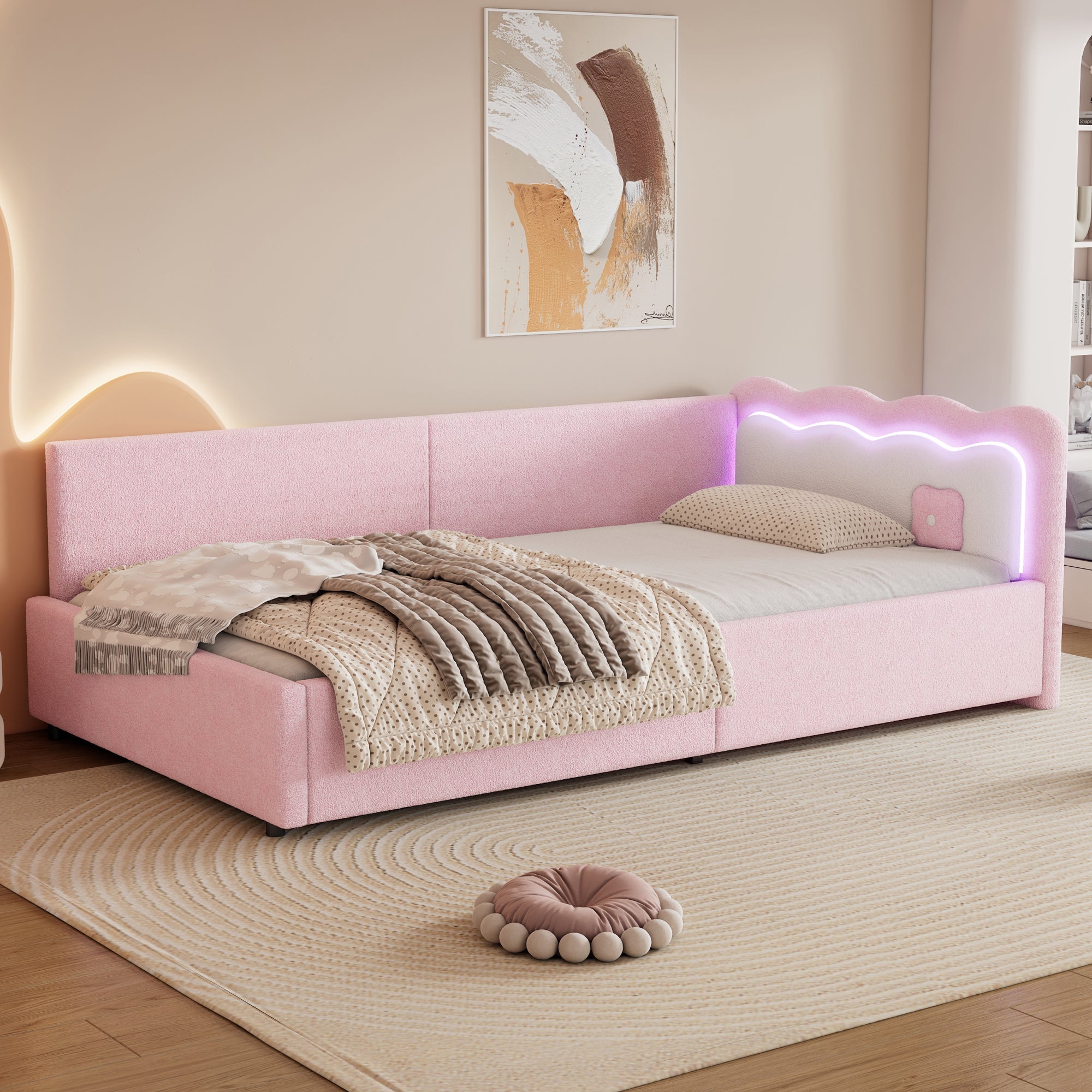 Daybed Sofa Bed with LED Ambient Light and Slatted Base, Pink Imitation Fleece